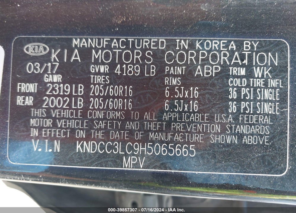 2017 KIA NIRO EX VIN: KNDCC3LC9H5065665