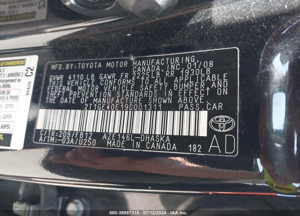 2009 TOYOTA MATRIX XRS VIN: 2T1GE40E19C001311