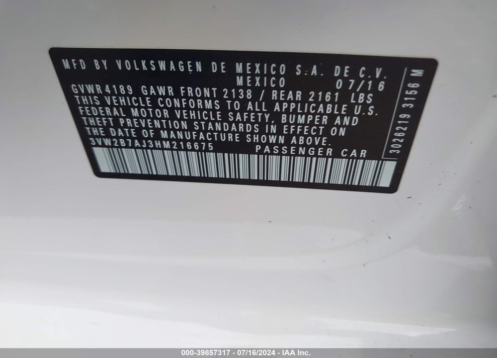 2017 VOLKSWAGEN JETTA 1.4T S VIN: 3VW2B7AJ3HM216675
