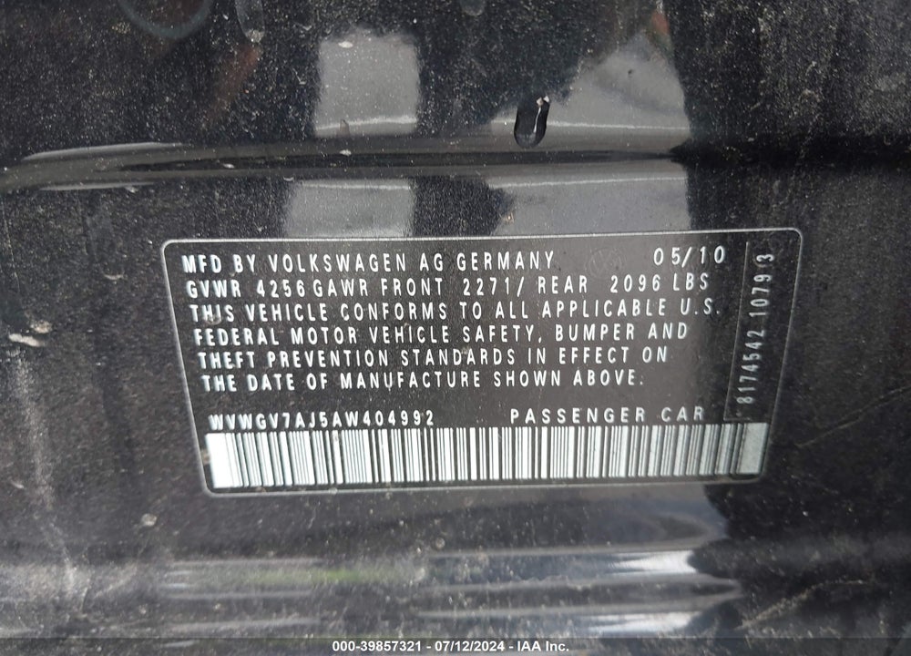 2010 VOLKSWAGEN GTI 4-DOOR VIN: WVWGV7AJ5AW404992