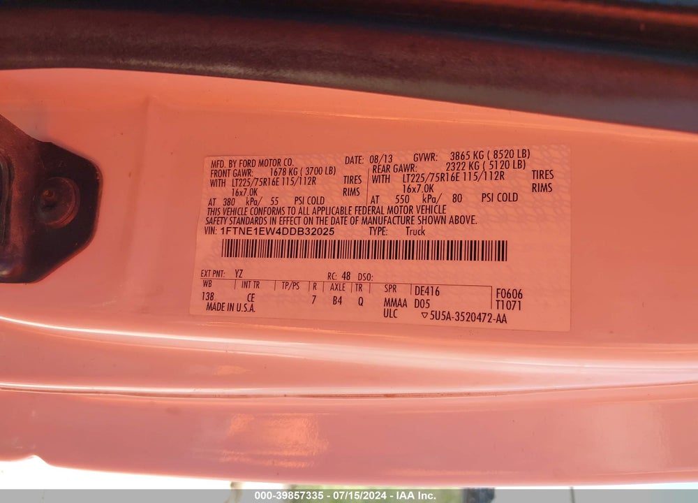2013 FORD E-150 COMMERCIAL VIN: 1FTNE1EW4DDB32025
