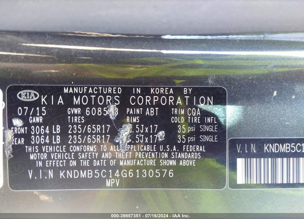2016 KIA SEDONA LX VIN: KNDMB5C14G6130576