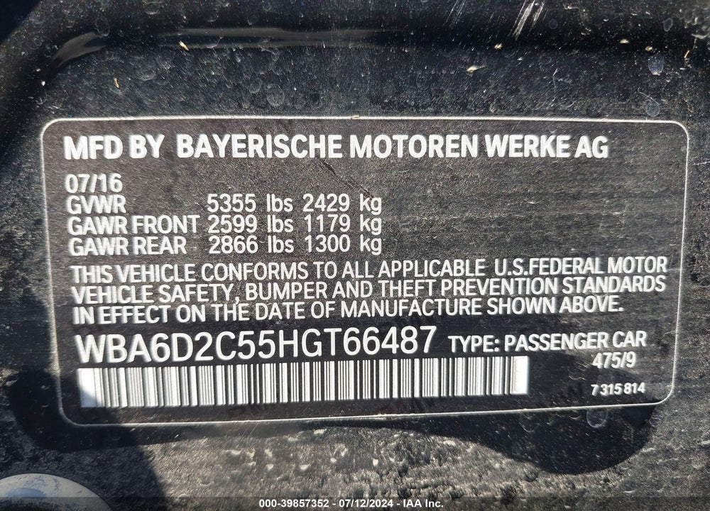2017 BMW 640I GRAN COUPE XDRIVE VIN: WBA6D2C55HGT66487