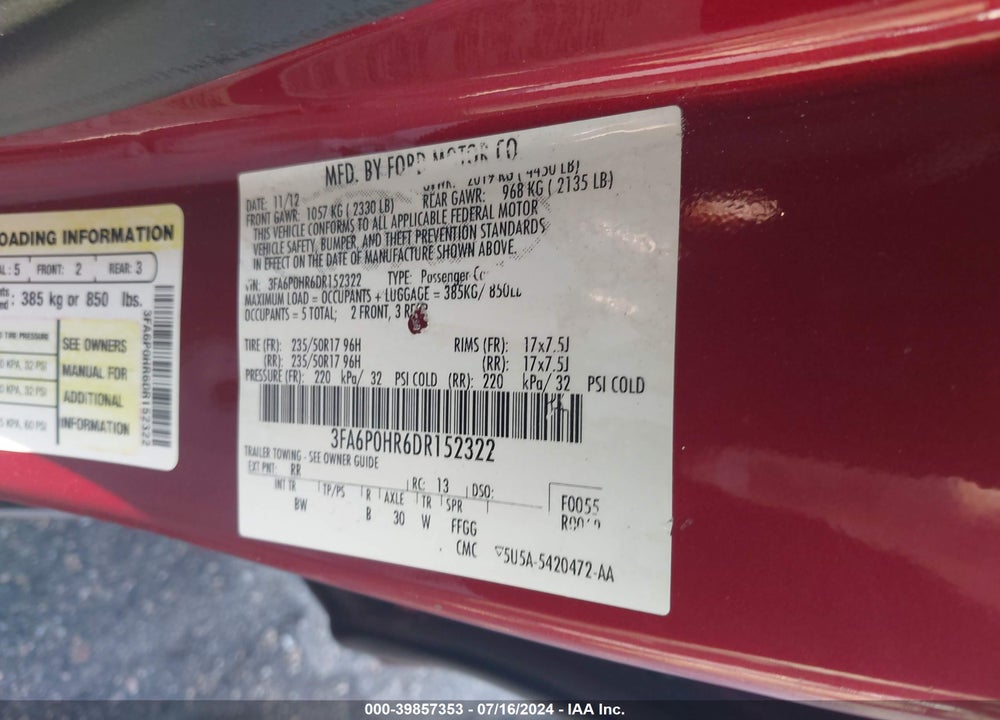 2013 FORD FUSION SE VIN: 3FA6P0HR6DR152322