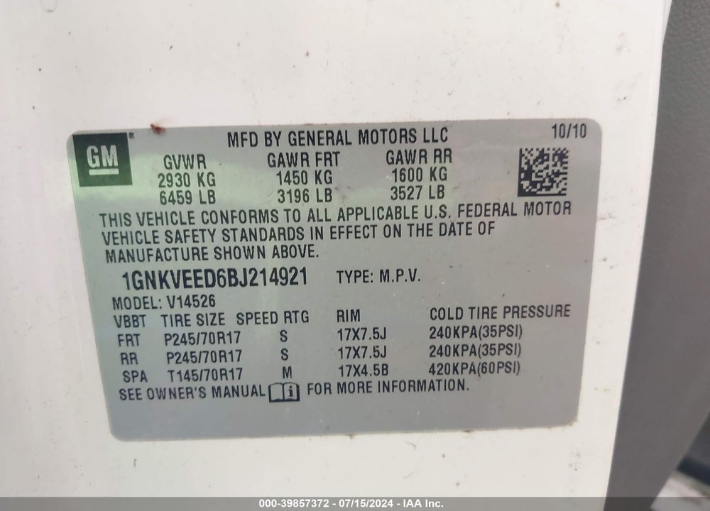 2011 CHEVROLET TRAVERSE LS VIN: 1GNKVEED6BJ214921