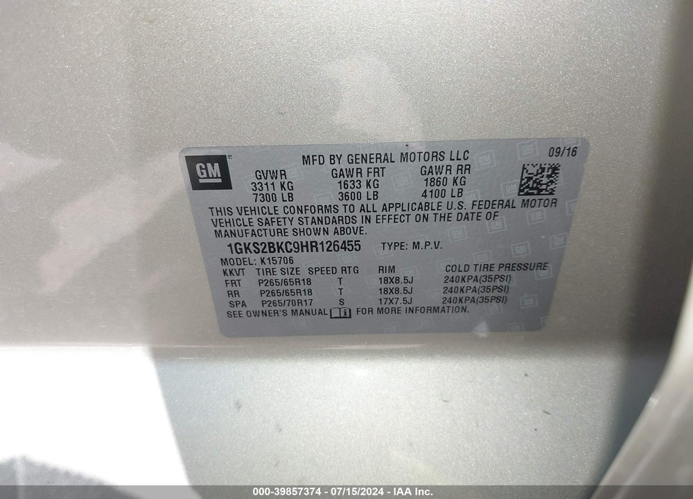 2017 GMC YUKON SLT VIN: 1GKS2BKC9HR126455