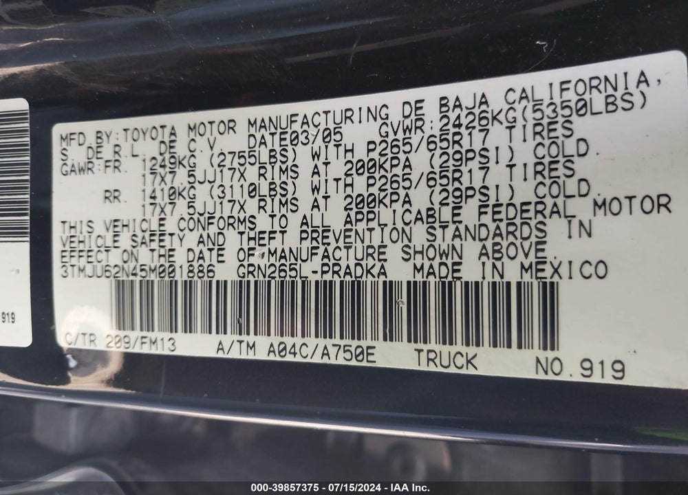 2005 TOYOTA TACOMA PRERUNNER V6 VIN: 3TMJU62N45M001886