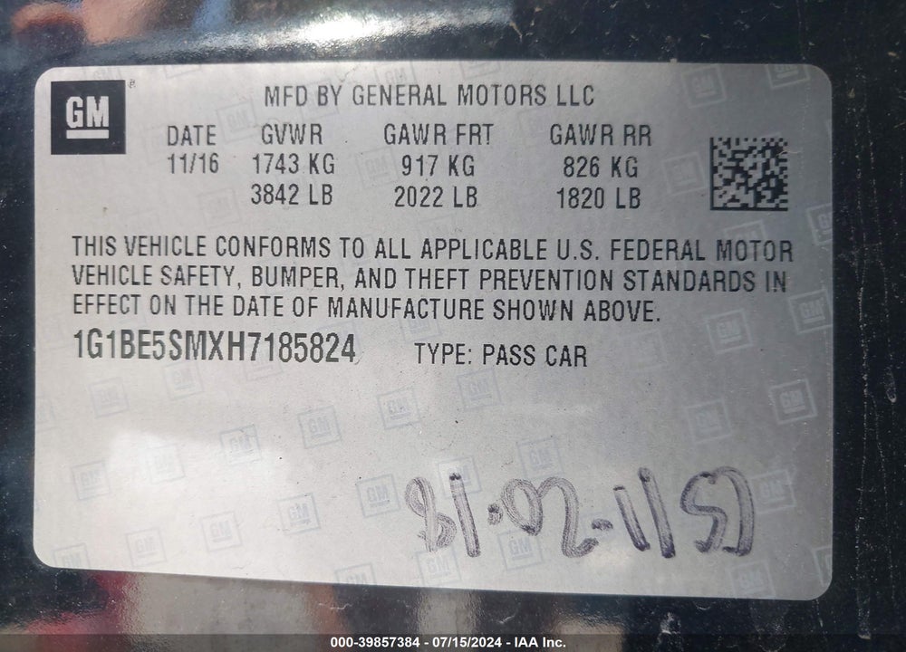 2017 CHEVROLET CRUZE LT AUTO VIN: 1G1BE5SMXH7185824