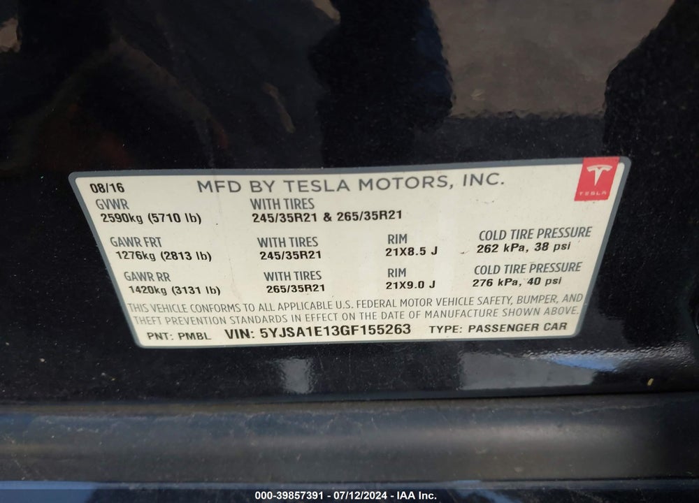 2016 TESLA MODEL S 60/70/75/85 VIN: 5YJSA1E13GF155263