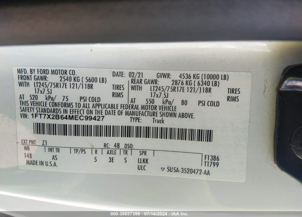 2021 FORD F-250 XL VIN: 1FT7X2B64MEC99427