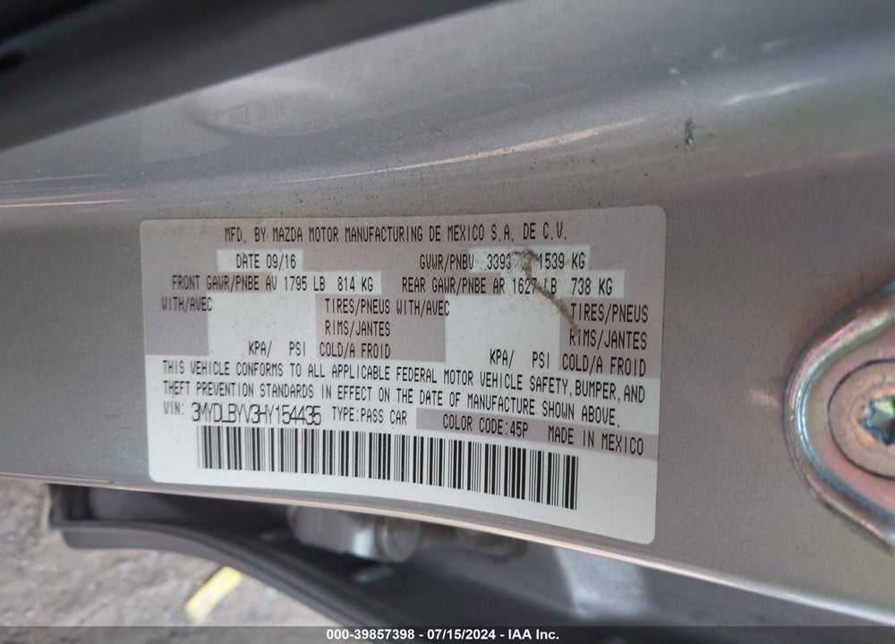 2017 TOYOTA YARIS IA VIN: 3MYDLBYV3HY154435