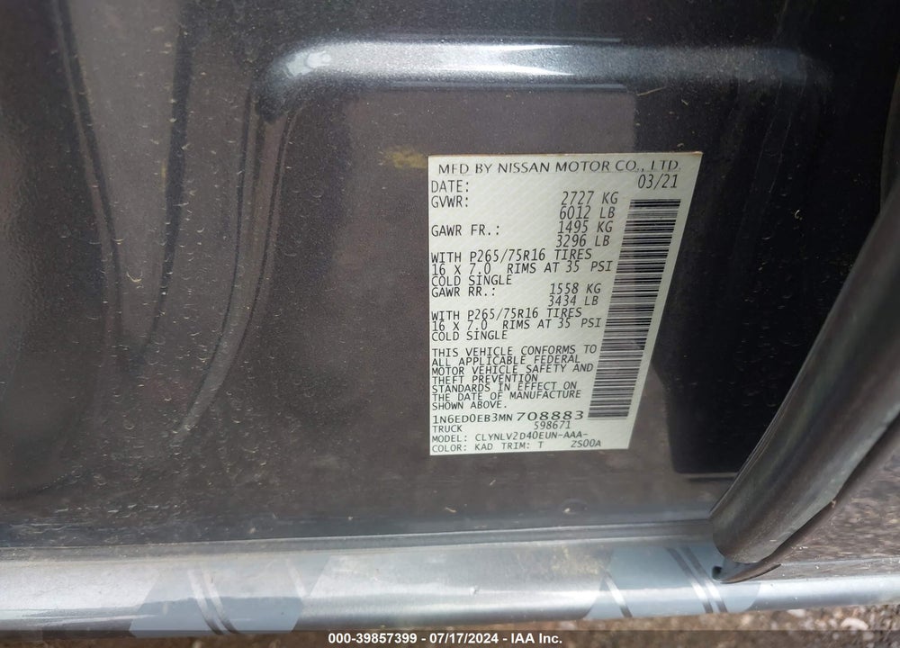 2021 NISSAN FRONTIER PRO-4X 4X4 VIN: 1N6ED0EB3MN708883