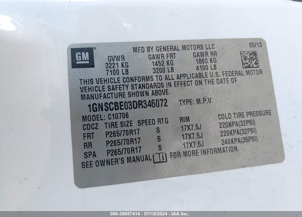 2013 CHEVROLET TAHOE LT VIN: 1GNSCBE03DR346072