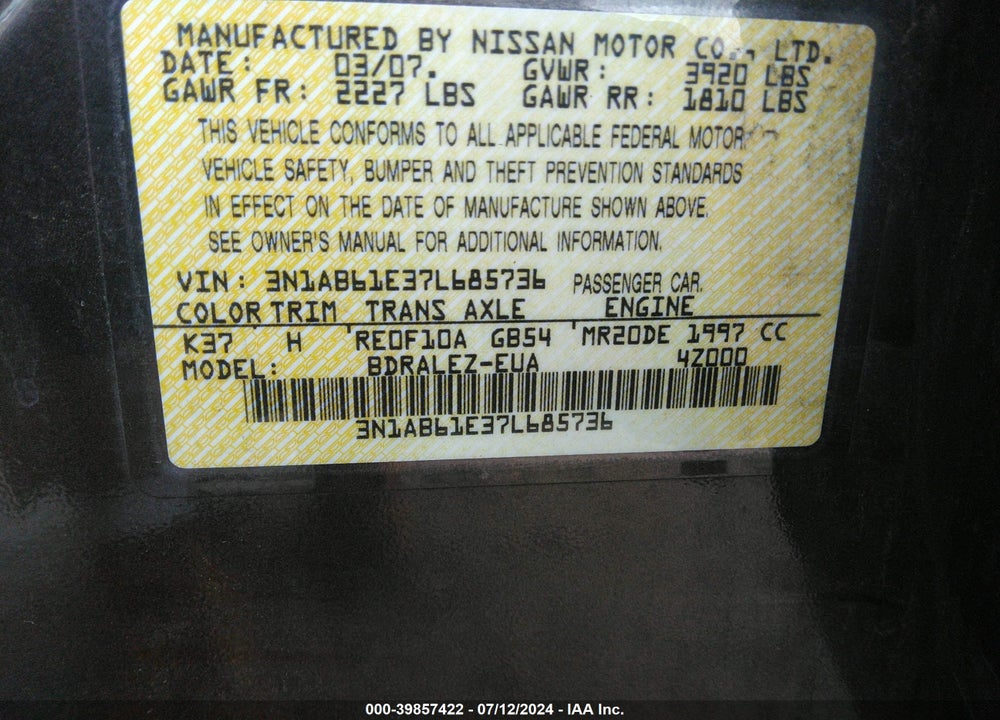 2007 NISSAN SENTRA 2.0S VIN: 3N1AB61E37L685736
