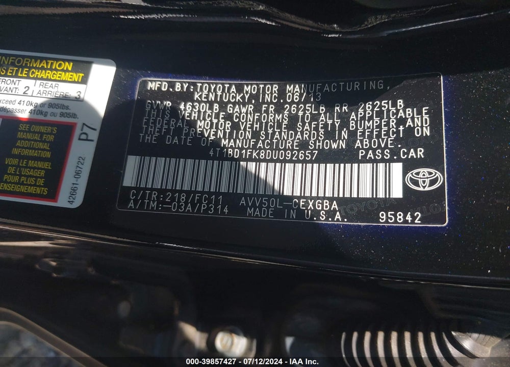 2013 TOYOTA CAMRY HYBRID XLE VIN: 4T1BD1FK8DU092657