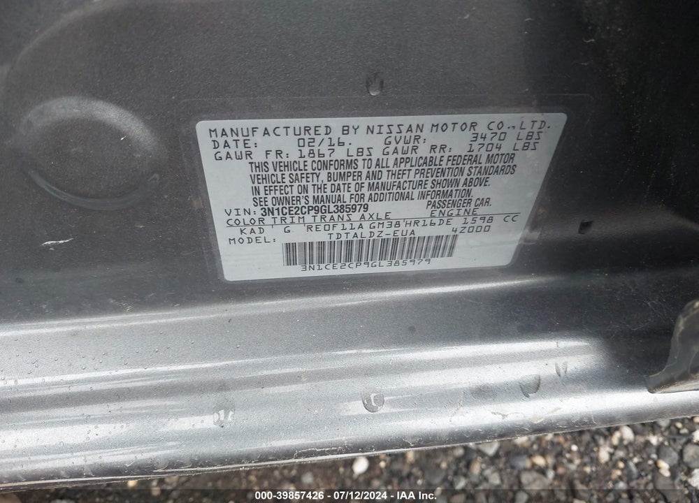 2016 NISSAN VERSA NOTE SV VIN: 3N1CE2CP9GL385979
