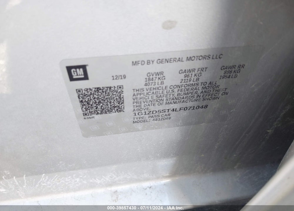 2020 CHEVROLET MALIBU FWD LT VIN: 1G1ZD5ST4LF071048