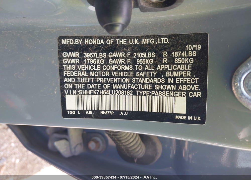 2020 HONDA CIVIC EX VIN: SHHFK7H64LU208182