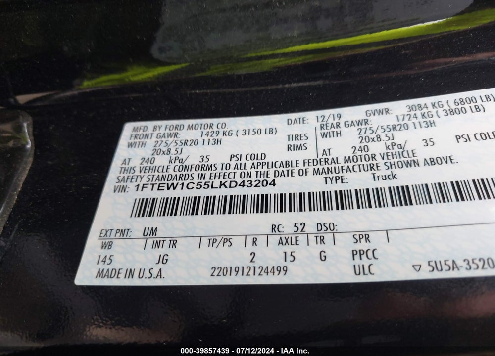 2020 FORD F-150 XL VIN: 1FTEW1C55LKD43204