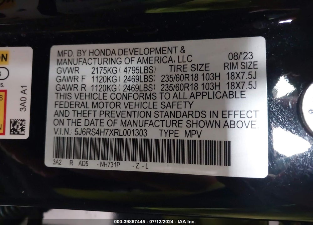 2024 HONDA CR-V EX-L AWD VIN: 5J6RS4H7XRL001303