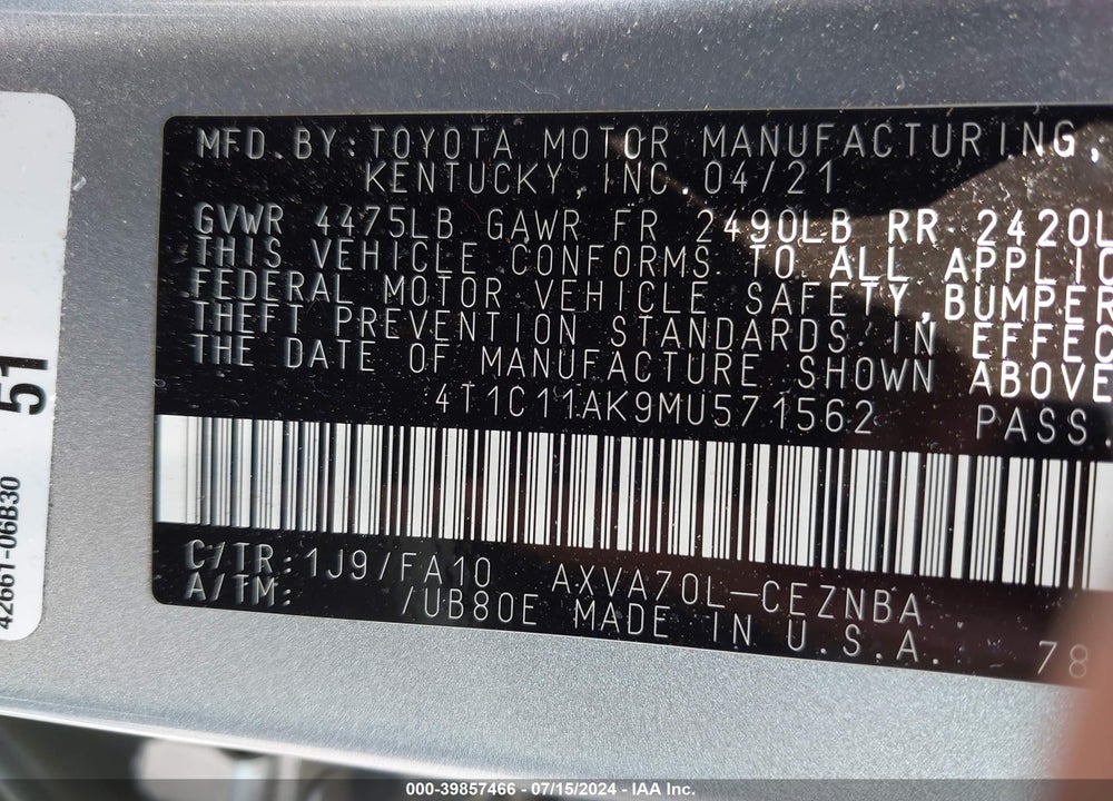 2021 TOYOTA CAMRY LE VIN: 4T1C11AK9MU571562