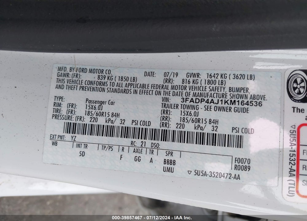 2019 FORD FIESTA S VIN: 3FADP4AJ1KM164536