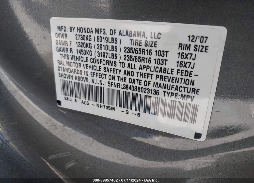 2008 HONDA ODYSSEY EX VIN: 5FNRL38408B023136
