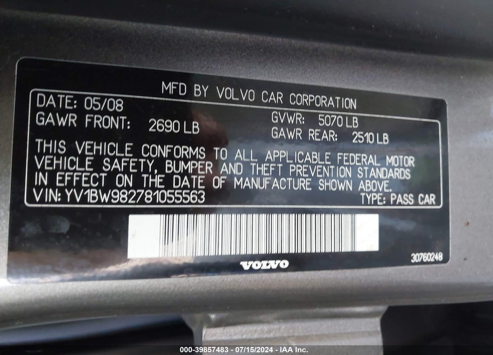 2008 VOLVO V70 3.2 VIN: YV1BW982781055563