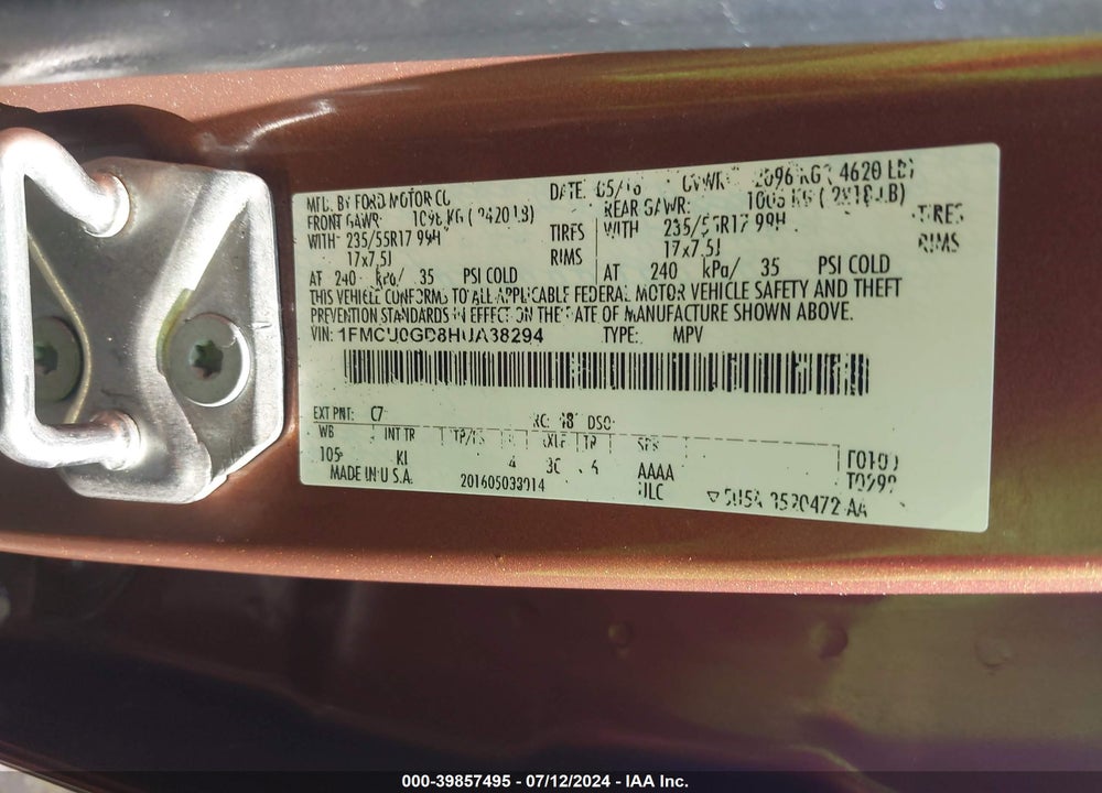 2017 FORD ESCAPE VIN: 1FMCU0GD8HUA38294