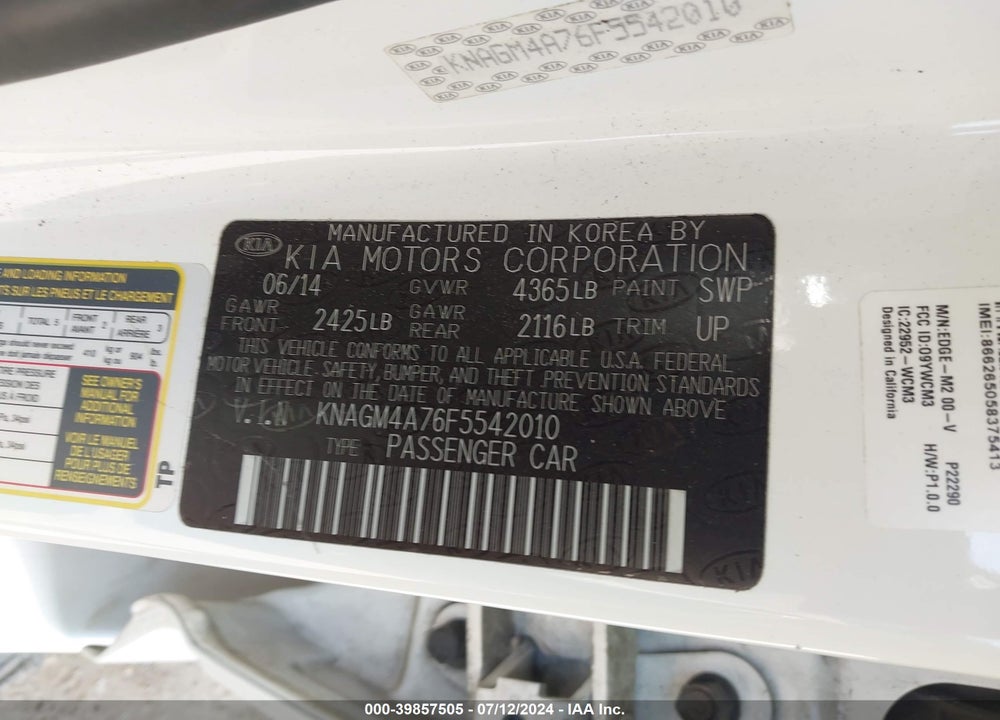 2015 KIA OPTIMA LX VIN: KNAGM4A76F5542010