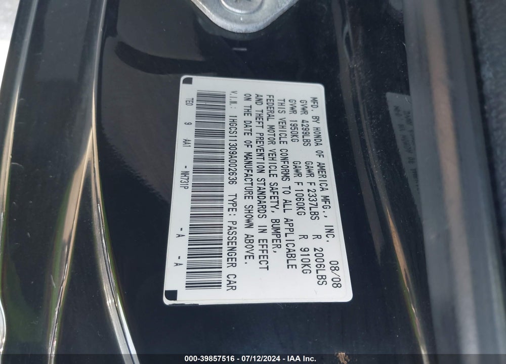 2009 HONDA ACCORD 2.4 LX-S VIN: 1HGCS11309A002636