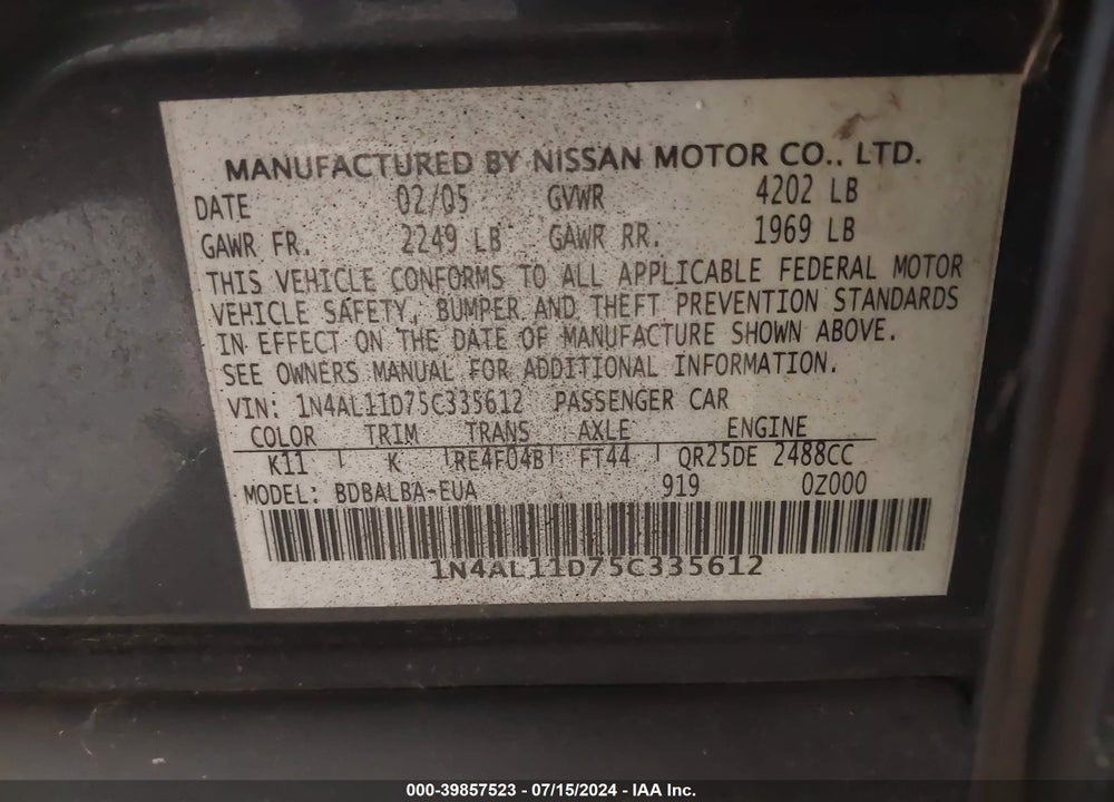 2005 NISSAN ALTIMA 2.5 S VIN: 1N4AL11D75C335612