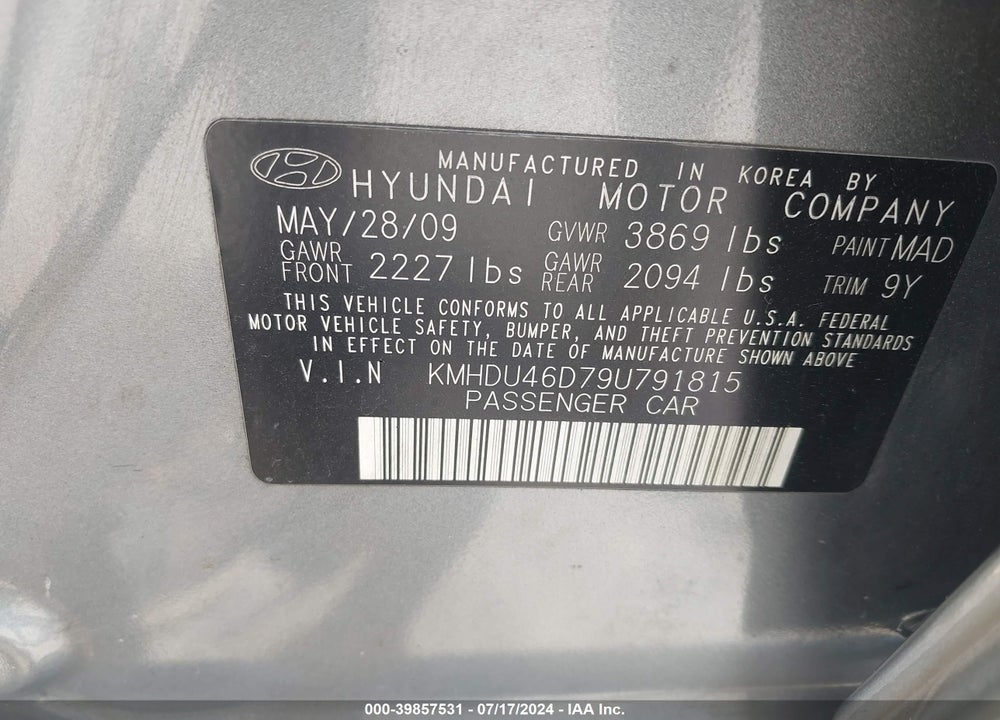 2009 HYUNDAI ELANTRA GLS VIN: KMHDU46D79U791815