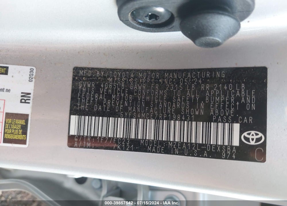 2024 TOYOTA COROLLA SE VIN: 5YFS4MCE7RP198431