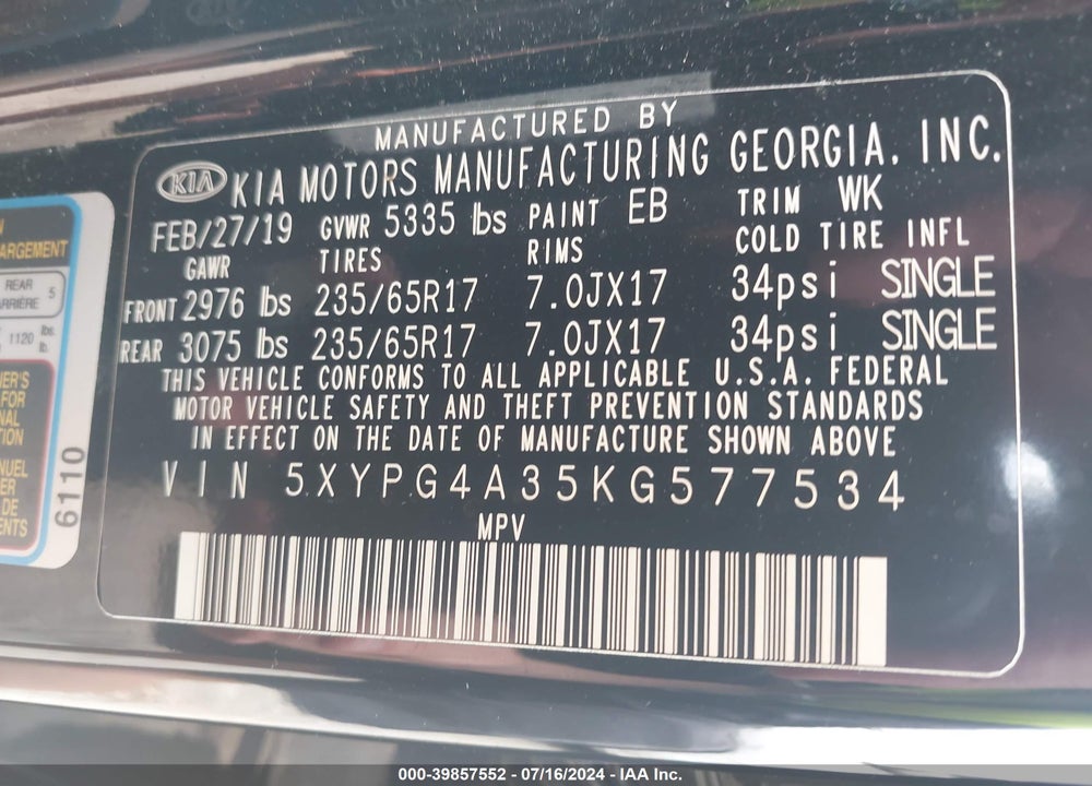 2019 KIA SORENTO 2.4L L VIN: 5XYPG4A35KG577534