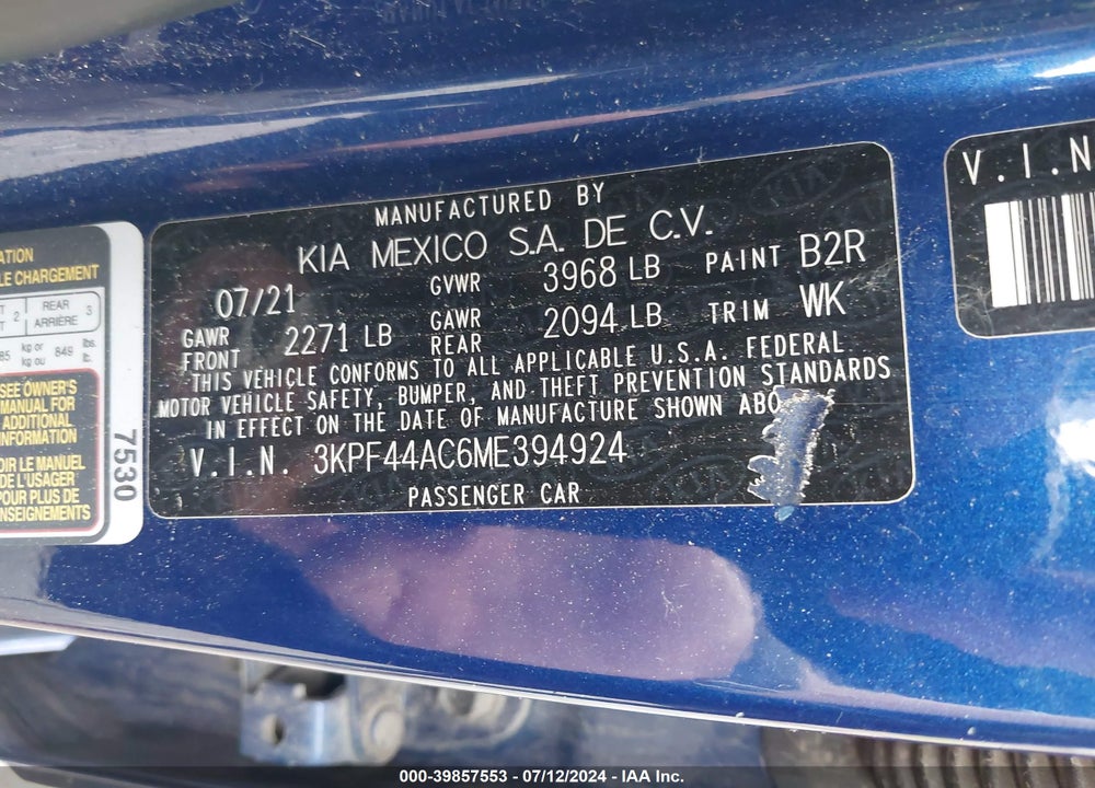 2021 KIA FORTE GT VIN: 3KPF44AC6ME394924