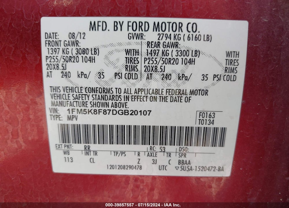 2013 FORD EXPLORER LIMITED VIN: 1FM5K8F87DGB20107