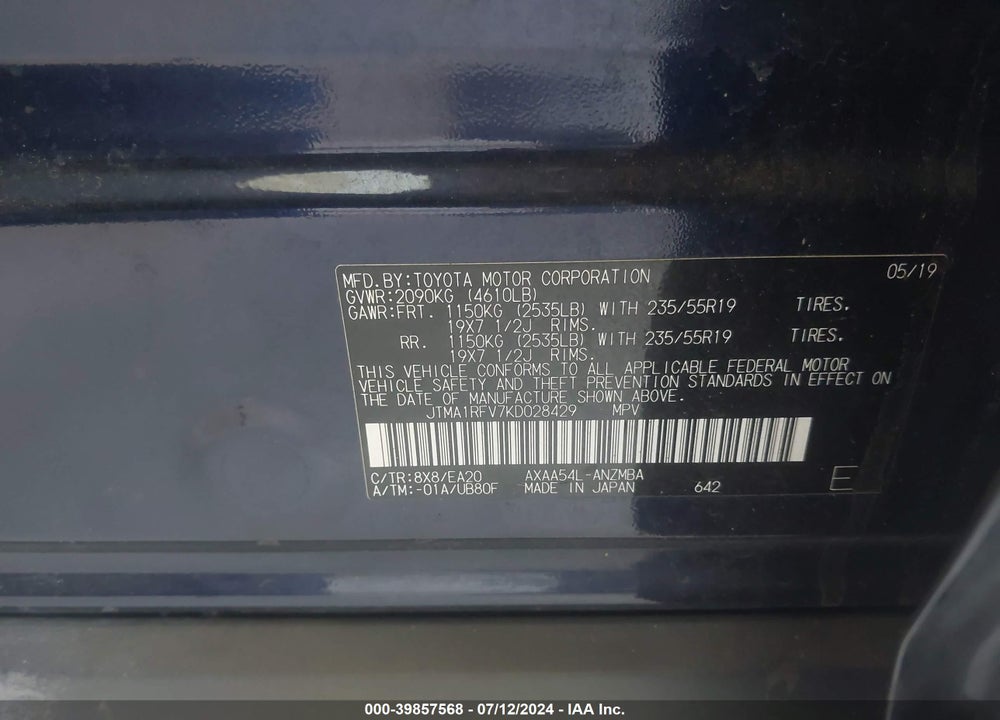 2019 TOYOTA RAV4 XLE PREMIUM VIN: JTMA1RFV7KD028429