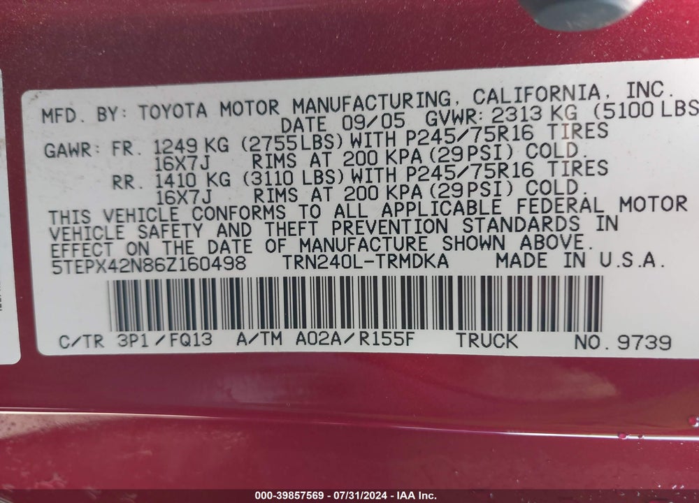 2006 TOYOTA TACOMA VIN: 5TEPX42N86Z160498