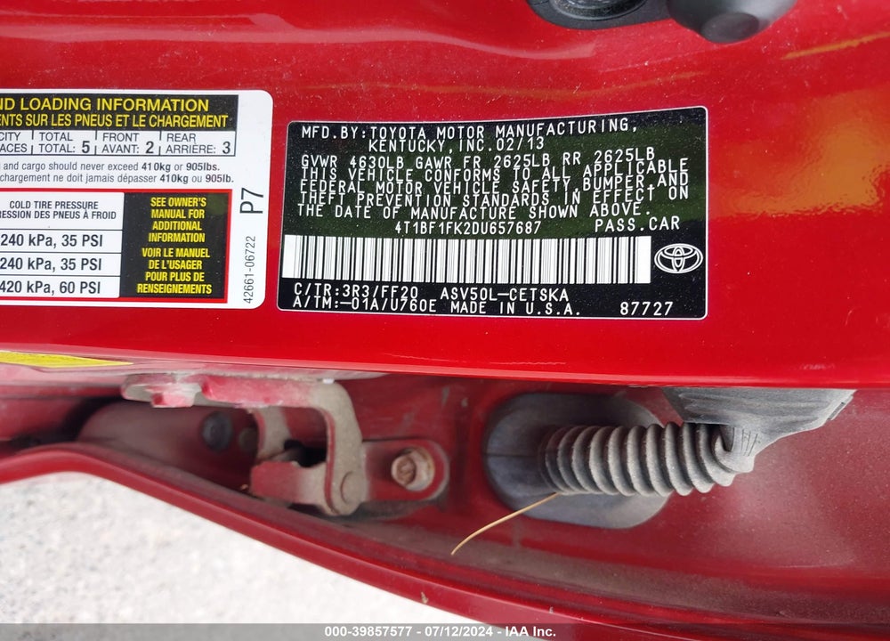 2013 TOYOTA CAMRY SE VIN: 4T1BF1FK2DU657687