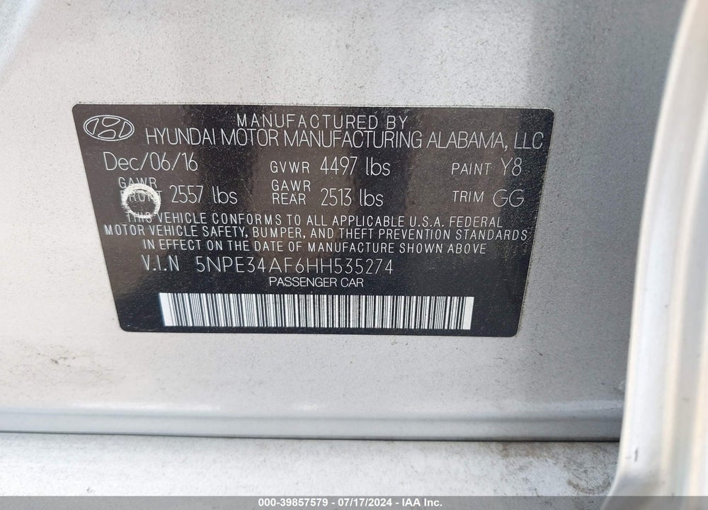 2017 HYUNDAI SONATA SPORT VIN: 5NPE34AF6HH535274