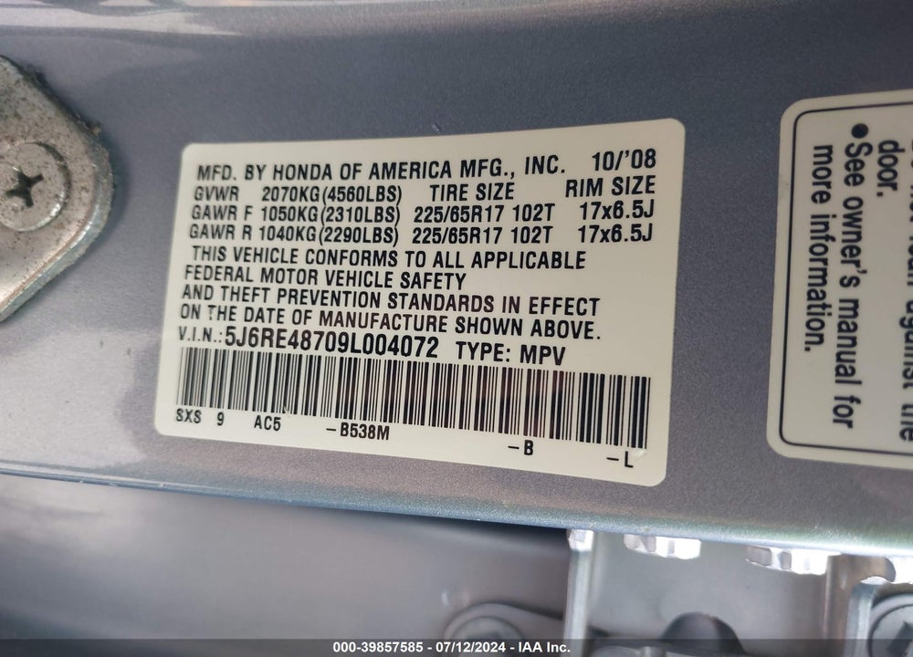 2009 HONDA CR-V EX-L VIN: 5J6RE48709L004072