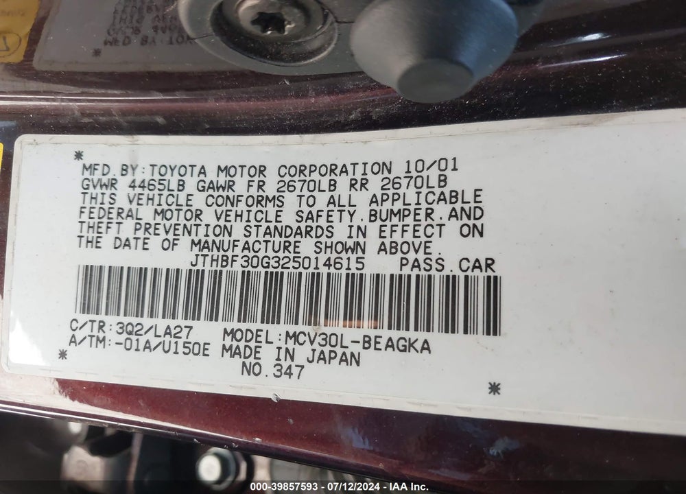 2002 LEXUS ES 300 VIN: JTHBF30G325014615