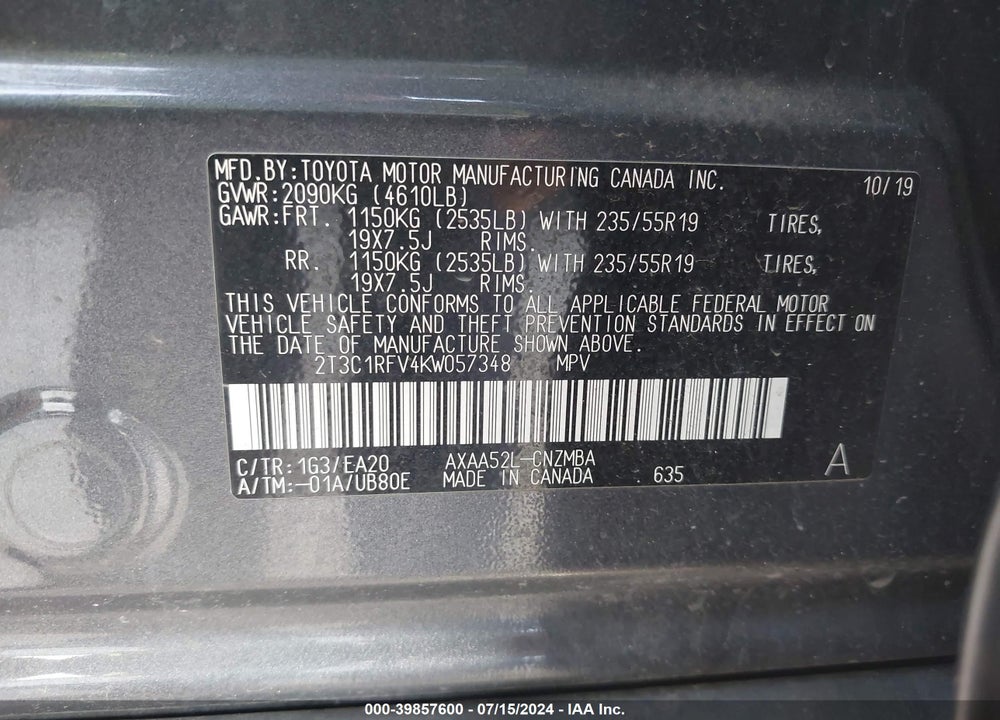 2019 TOYOTA RAV4 XLE PREMIUM VIN: 2T3C1RFV4KW057348