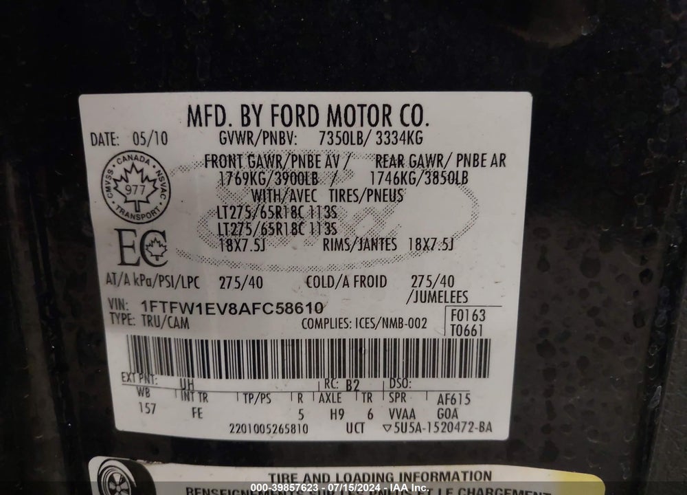 2010 FORD F-150 XLT VIN: 1FTFW1EV8AFC58610