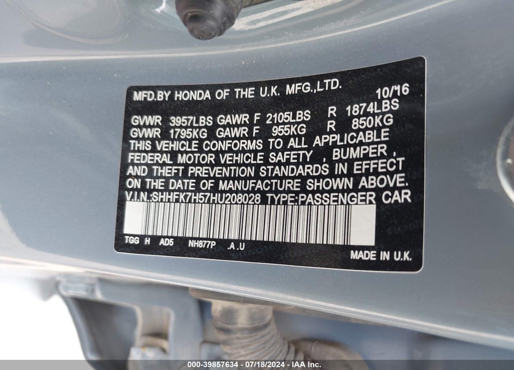 2017 HONDA CIVIC EX VIN: SHHFK7H57HU208028