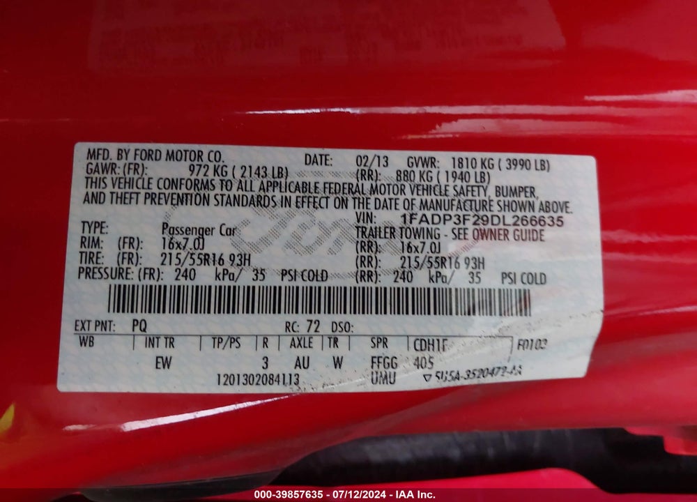 2013 FORD FOCUS SE VIN: 1FADP3F29DL266635