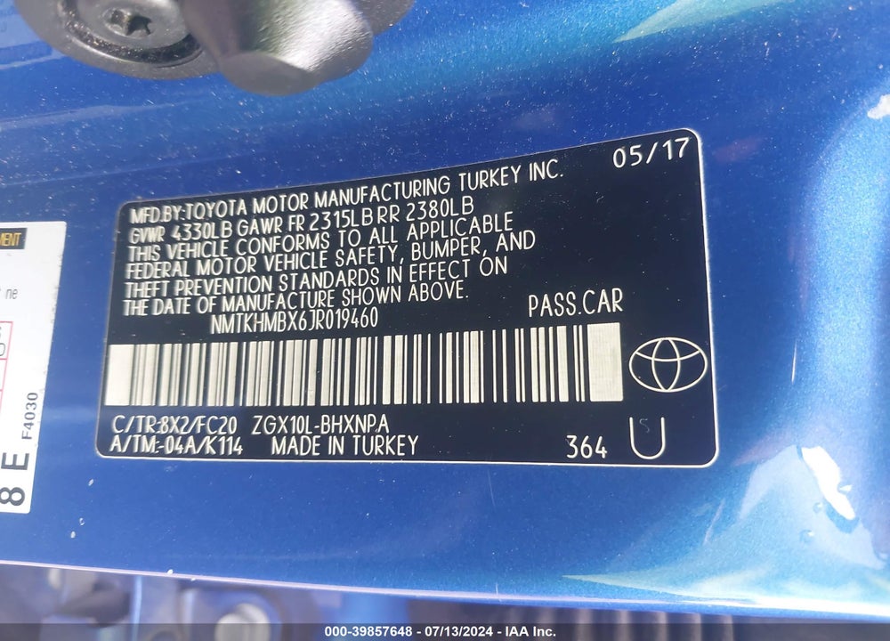 2018 TOYOTA C-HR XLE VIN: NMTKHMBX6JR019460