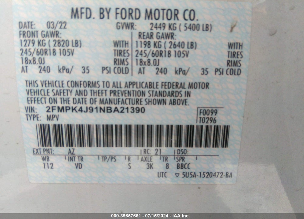 2022 FORD EDGE VIN: 2FMPK4J91NBA21390