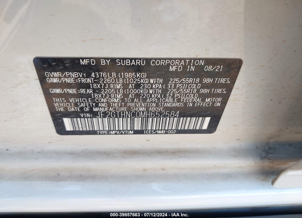 2021 SUBARU CROSSTREK LIMITED VIN: JF2GTHNC0MH652584